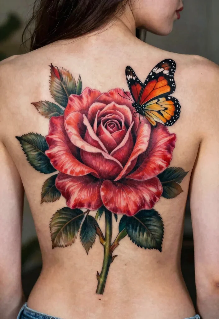 14 Rose With Butterfly Tattoo Ideas for Women Romantic and Soft 7. Larger Than Life Rose with Butterfly 0