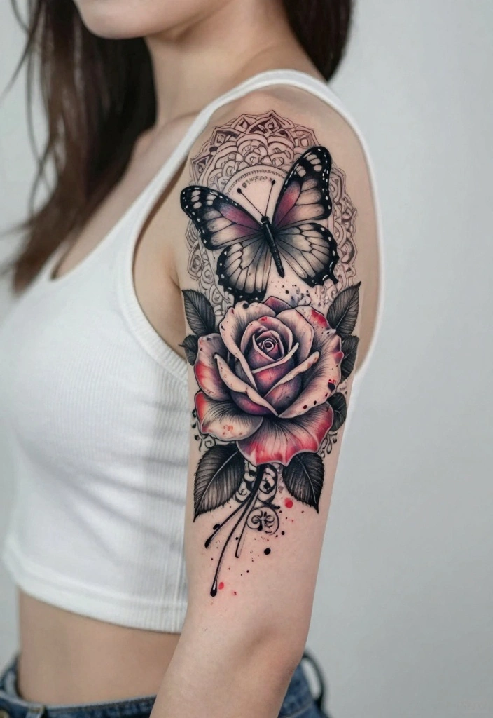 14 Rose With Butterfly Tattoo Ideas for Women Romantic and Soft 8. Rose and Butterfly with Mandala Elements 0