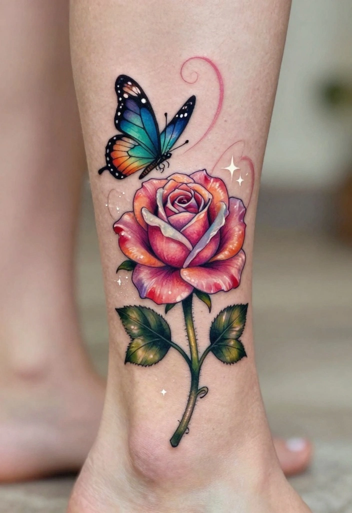 14 Rose With Butterfly Tattoo Ideas for Women Romantic and Soft 9. Whimsical Rose with Butterfly 0