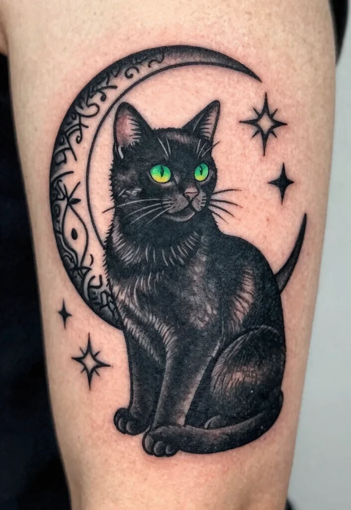 14 Traditional Black Cat Tattoo Ideas Classic and Bold 1. Classic Black Cat with Moon and Stars 0
