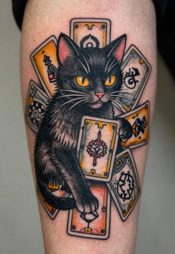 14 Traditional Black Cat Tattoo Ideas Classic and Bold 10. Black Cat with Tarot Cards 0