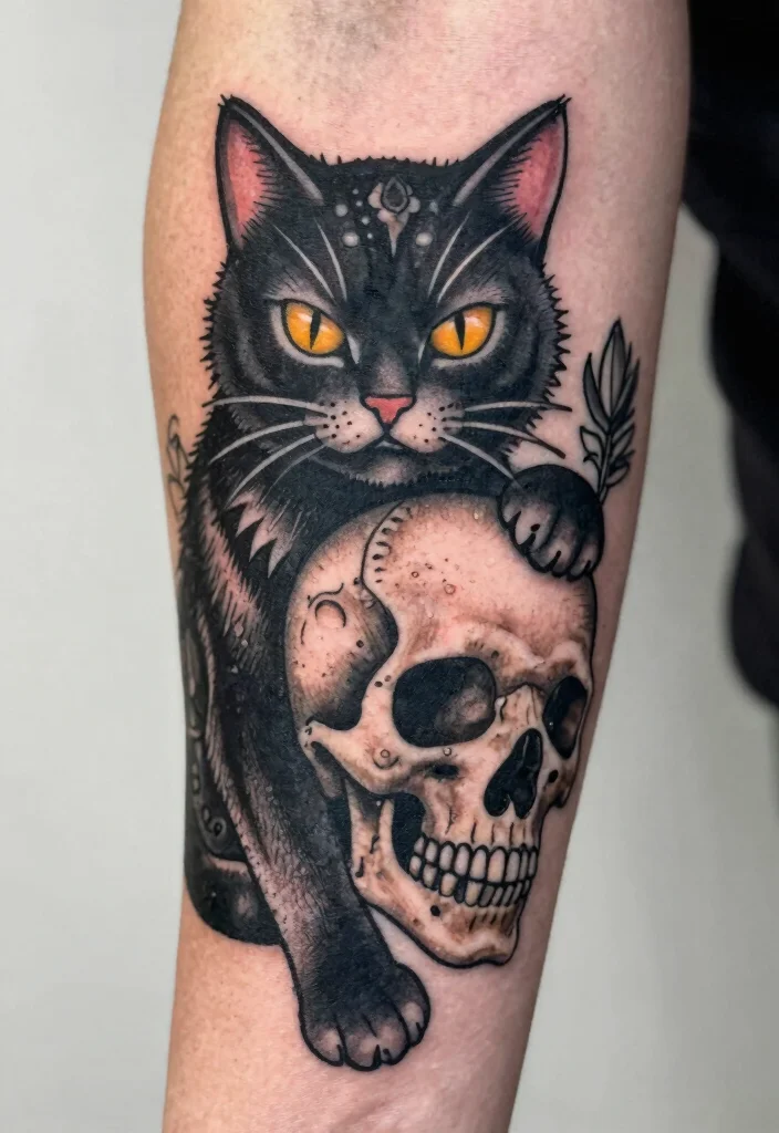 14 Traditional Black Cat Tattoo Ideas Classic and Bold 11. Black Cat with a Skull 0