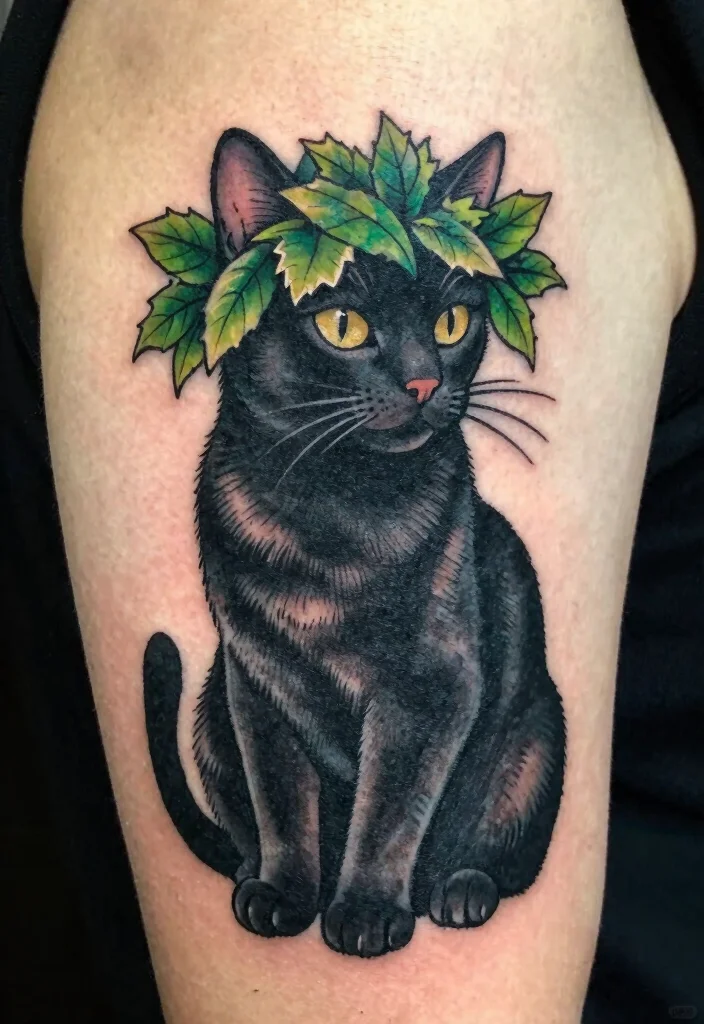 14 Traditional Black Cat Tattoo Ideas Classic and Bold 12. Black Cat with a Leafy Crown 0