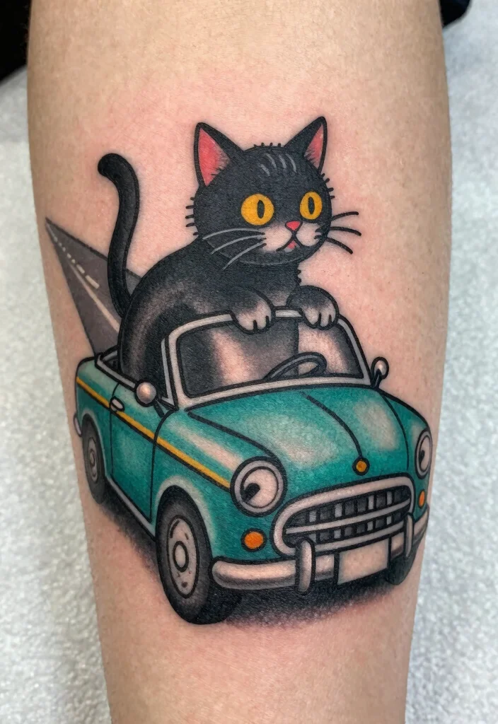 14 Traditional Black Cat Tattoo Ideas Classic and Bold 13. Black Cat in a Vintage Car 0