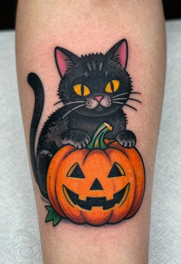 14 Traditional Black Cat Tattoo Ideas Classic and Bold 14. Black Cat with a Pumpkin 0
