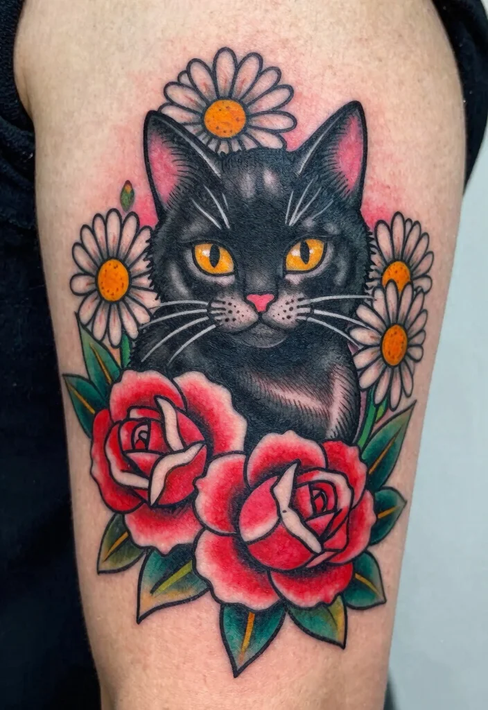 14 Traditional Black Cat Tattoo Ideas Classic and Bold 2. Black Cat with Floral Accents 0