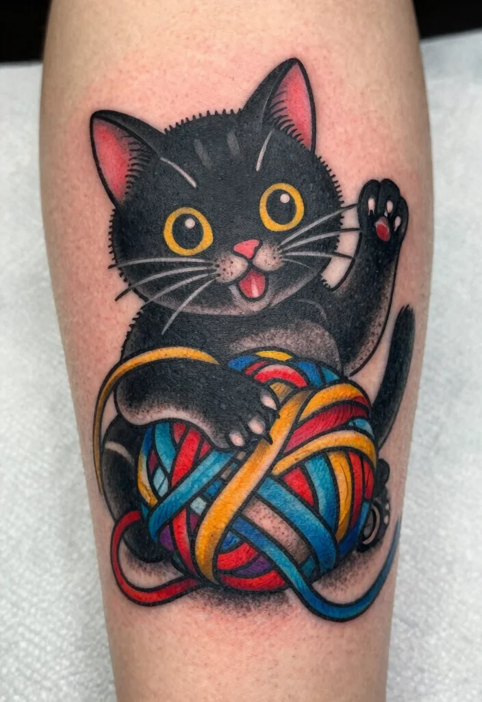 14 Traditional Black Cat Tattoo Ideas Classic and Bold 3. Playful Black Cat with Yarn 0