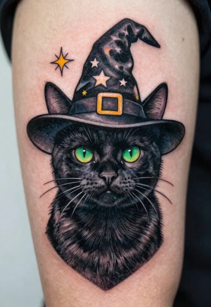 14 Traditional Black Cat Tattoo Ideas Classic and Bold 4. Black Cat in a Witch Hat 0