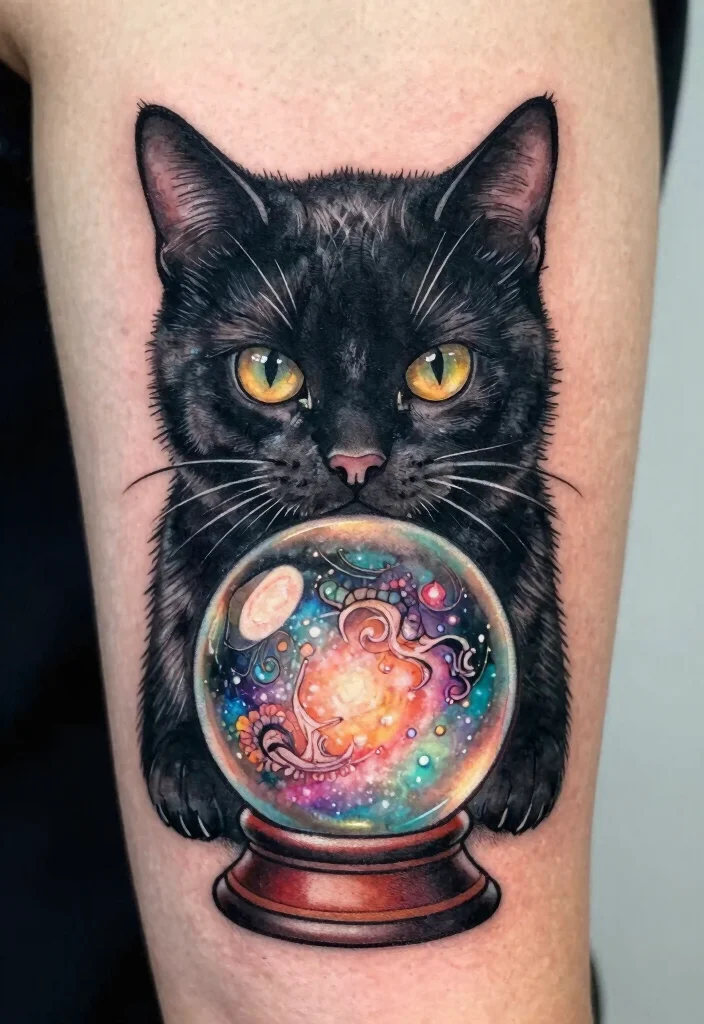 14 Traditional Black Cat Tattoo Ideas Classic and Bold 5. Black Cat with a Crystal Ball 0
