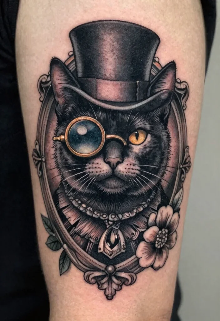 14 Traditional Black Cat Tattoo Ideas Classic and Bold 6. Black Cat with Vintage Elements 0