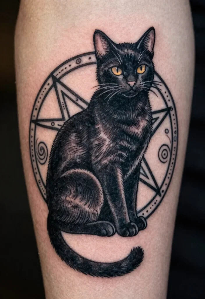 14 Traditional Black Cat Tattoo Ideas Classic and Bold 7. Black Cat with Pentagram 0