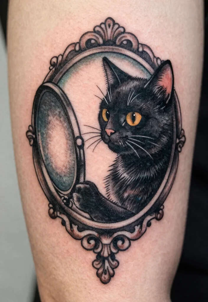 14 Traditional Black Cat Tattoo Ideas Classic and Bold 8. Retro Black Cat with Vintage Mirror 0