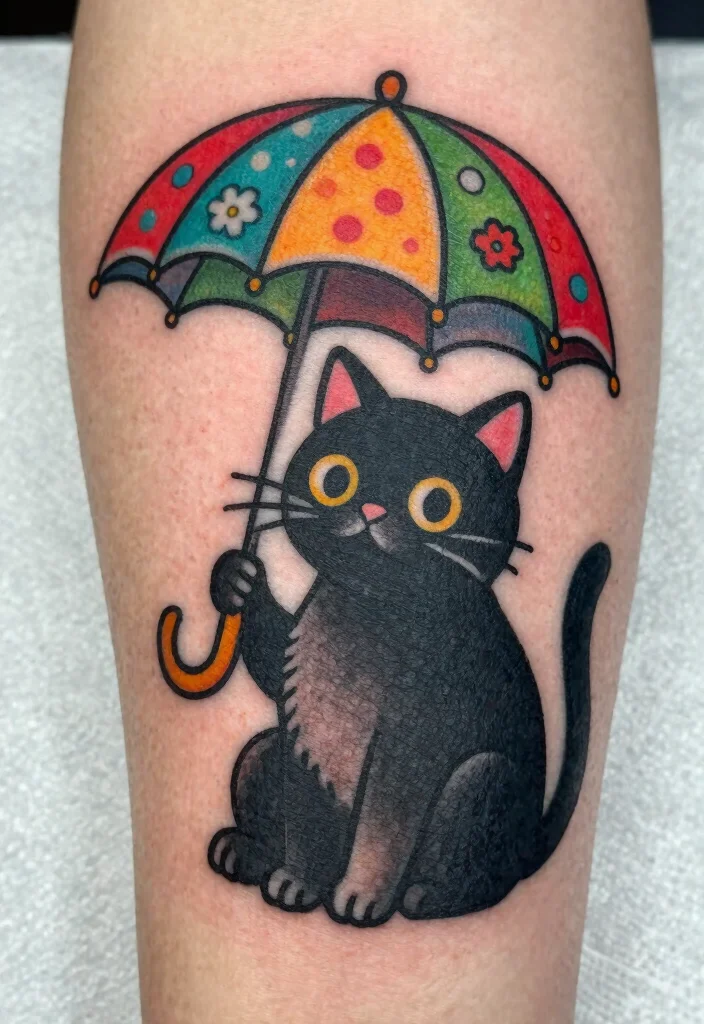 14 Traditional Black Cat Tattoo Ideas Classic and Bold 9. Black Cat Under a Umbrella 0
