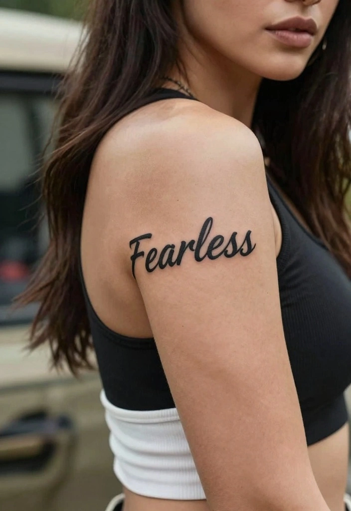 14 Word Tattoo Ideas for Women: Elegant, Personal, and Stylish 133 14 Word Tattoo Ideas for Women: Elegant, Personal, and Stylish - 13. 'Fearless' 1