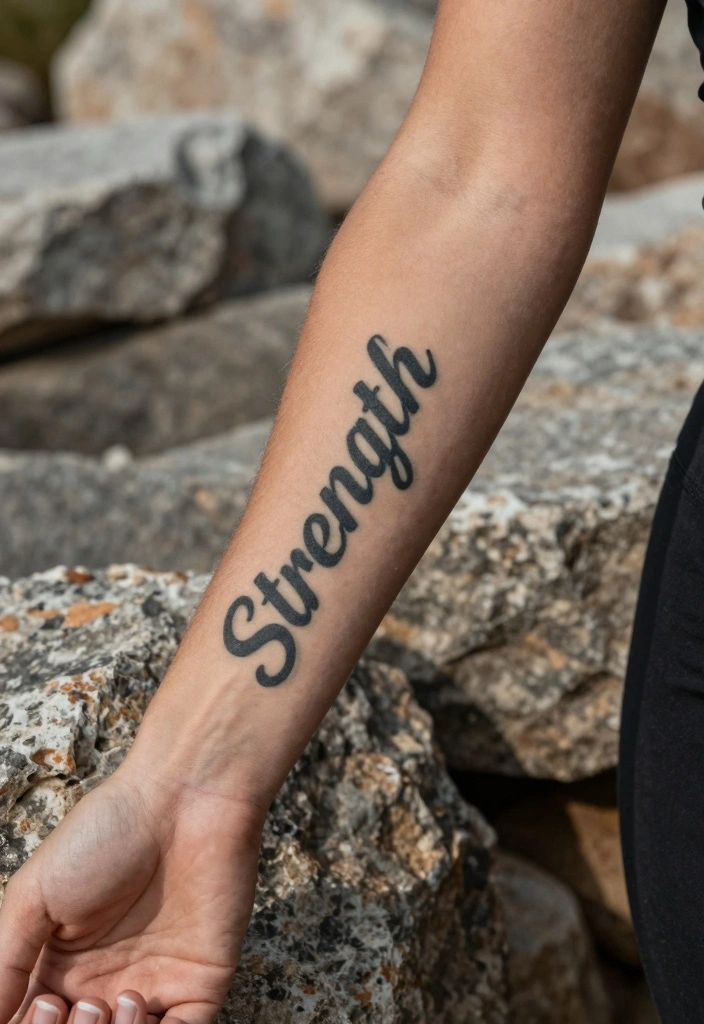 14 Word Tattoo Ideas for Women: Elegant, Personal, and Stylish 45 14 Word Tattoo Ideas for Women: Elegant, Personal, and Stylish - 5. 'Strength' 1