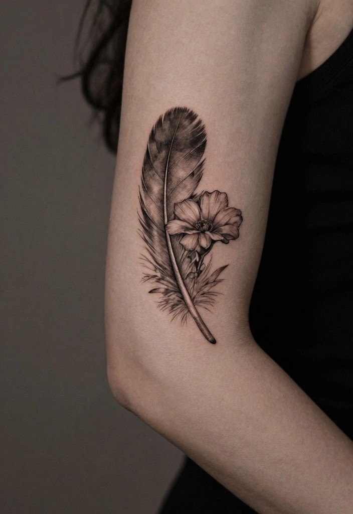 15 Back of the Arm Tattoo Ideas for Women: Stylish and Feminine 100 15 Back of the Arm Tattoo Ideas for Women Stylish and Feminine 10. Simplistic Feather and Flower Combination 0