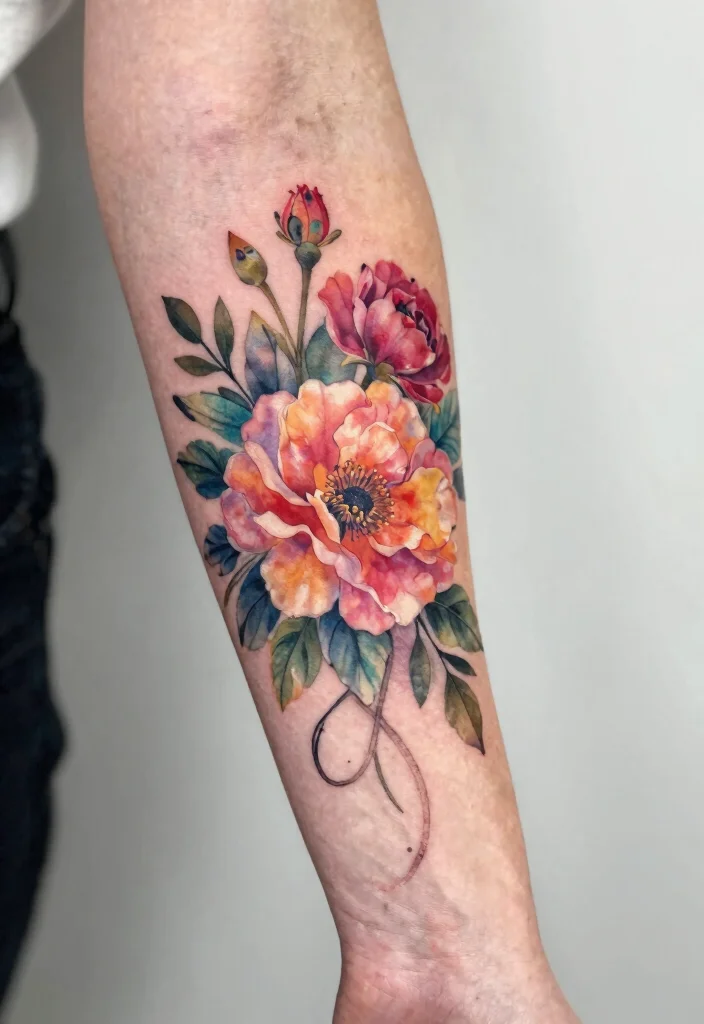 15 Back of the Arm Tattoo Ideas for Women: Stylish and Feminine 111 15 Back of the Arm Tattoo Ideas for Women Stylish and Feminine 11. Artistic Watercolor Blooms 0