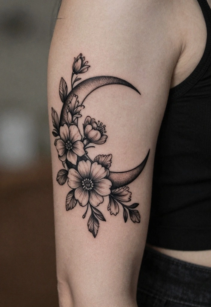 15 Back of the Arm Tattoo Ideas for Women: Stylish and Feminine 122 15 Back of the Arm Tattoo Ideas for Women Stylish and Feminine 12. Crescent Moon with Flowers 0