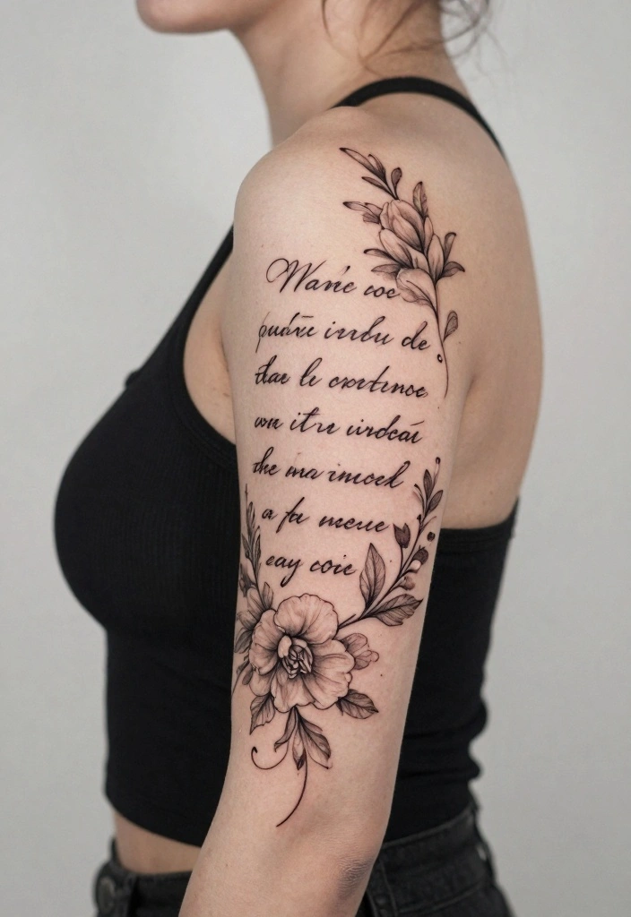 15 Back of the Arm Tattoo Ideas for Women: Stylish and Feminine 133 15 Back of the Arm Tattoo Ideas for Women Stylish and Feminine 13. Feminine Quote with Floral Accents 0