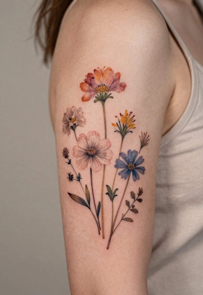 15 Back of the Arm Tattoo Ideas for Women: Stylish and Feminine 12 15 Back of the Arm Tattoo Ideas for Women Stylish and Feminine 2. Minimalist Wildflowers 0