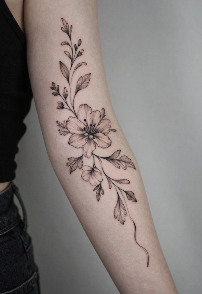 15 Back of the Arm Tattoo Ideas for Women: Stylish and Feminine 89 15 Back of the Arm Tattoo Ideas for Women Stylish and Feminine 9. Minimalist Floral Wave 0
