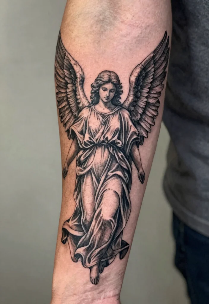 16 Angel Tattoo Design Ideas for Men Powerful and Symbolic 1. Guardian Angel Tattoo 0
