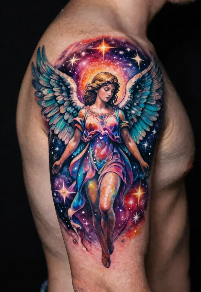 16 Angel Tattoo Design Ideas for Men Powerful and Symbolic 10. Celestial Angel Tattoo 0