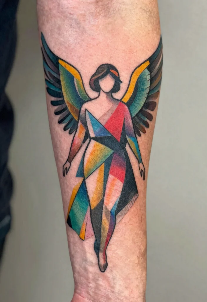 16 Angel Tattoo Design Ideas for Men Powerful and Symbolic 11. Abstract Angel Tattoo 0