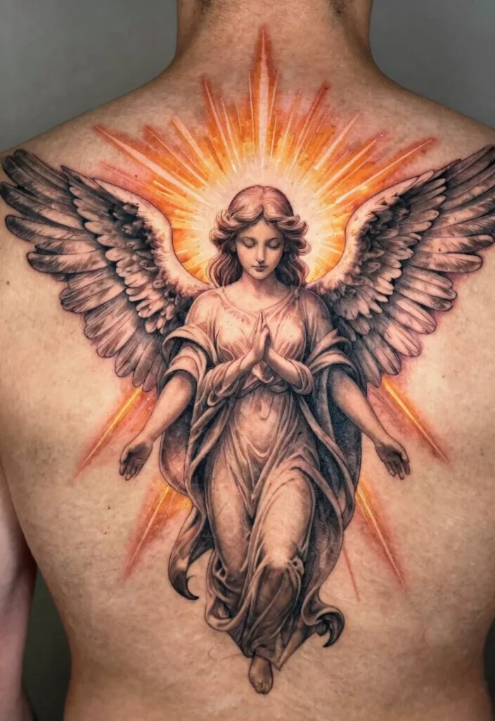 16 Angel Tattoo Design Ideas for Men Powerful and Symbolic 12. Angel with Divine Light Tattoo 0