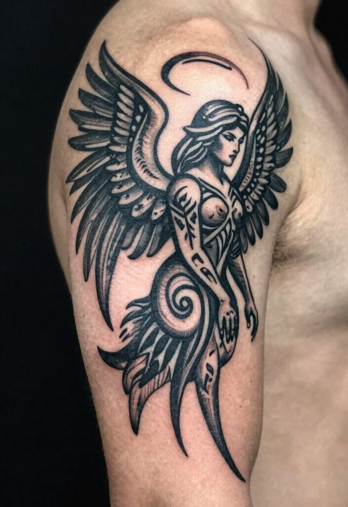 16 Angel Tattoo Design Ideas for Men Powerful and Symbolic 13. Tribal Angel Tattoo 0