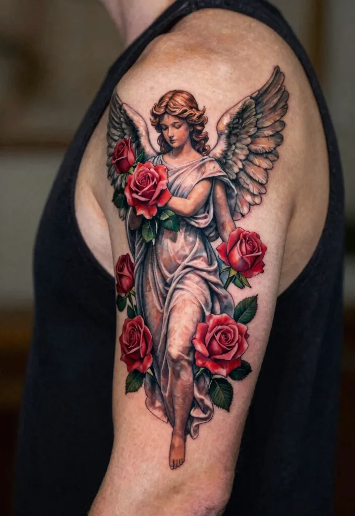 16 Angel Tattoo Design Ideas for Men Powerful and Symbolic 4. Angel with Roses Tattoo 0