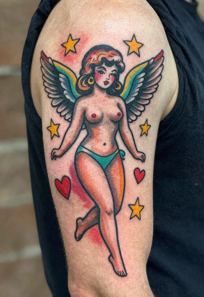 16 Angel Tattoo Design Ideas for Men Powerful and Symbolic 5. Retro Angel Tattoo 0