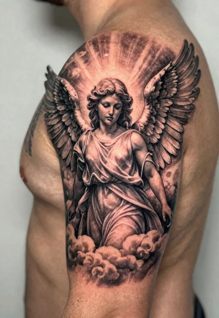 16 Angel Tattoo Design Ideas for Men Powerful and Symbolic 7. Realistic Angel Tattoo 0