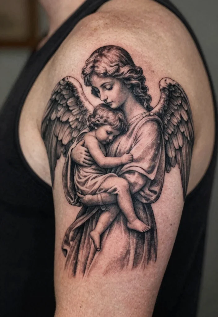 16 Angel Tattoo Design Ideas for Men Powerful and Symbolic 9. Angel Holding a Child Tattoo 0
