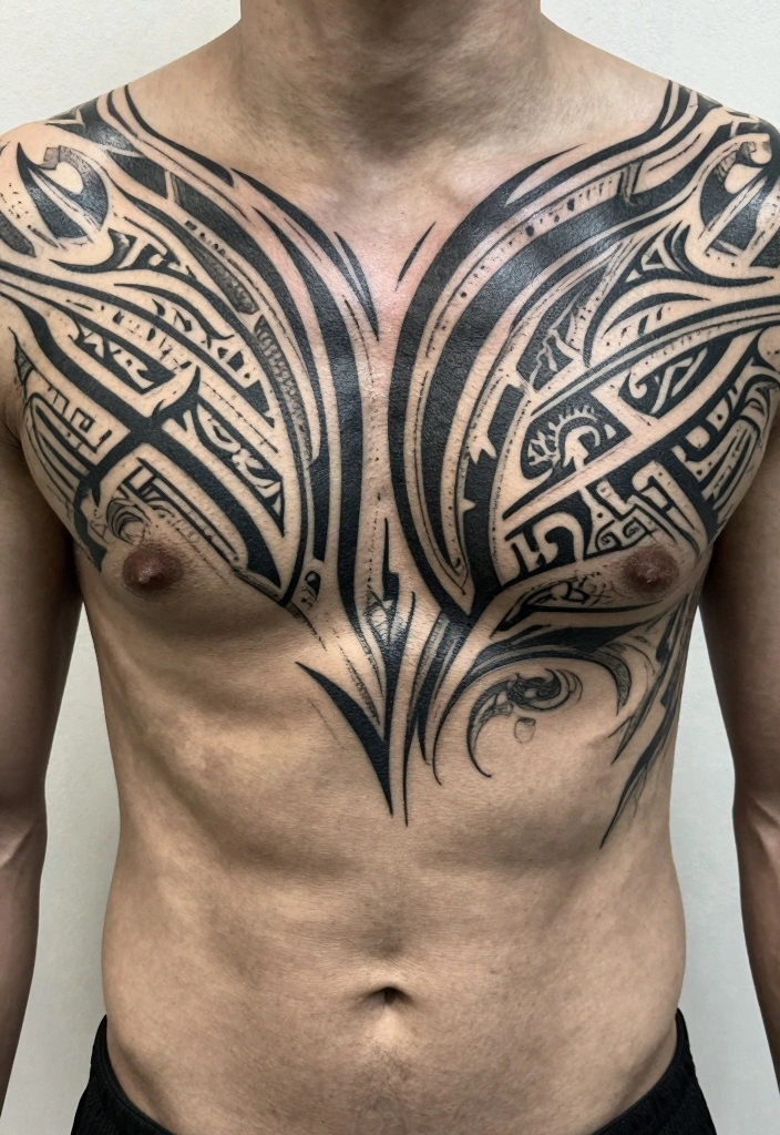 16 Chest Tattoo Design Ideas for Men: Strong and Masculine 56 16 Chest Tattoo Design Ideas for Men Strong and Masculine 6. Tribal Designs 0