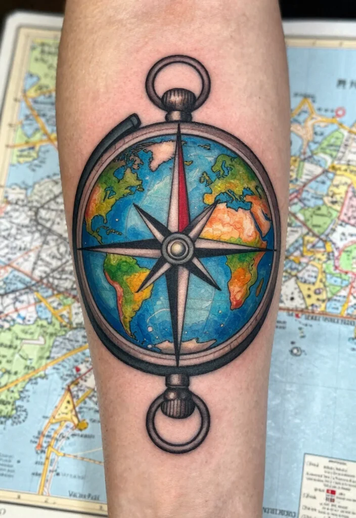16 Compass and Clock Tattoo Ideas With Time and Direction Themes - 10. Compass with a Globe 1