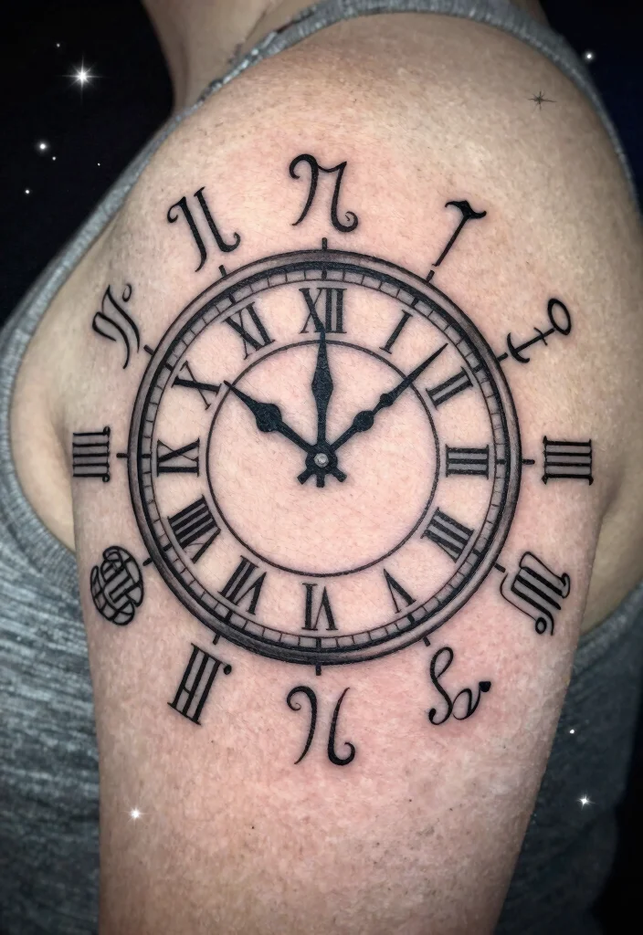 16 Compass and Clock Tattoo Ideas With Time and Direction Themes - 12. Clock Face with Zodiac Signs 1