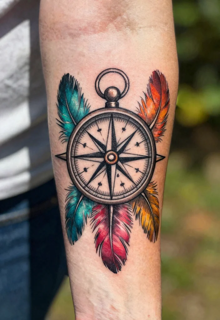 16 Compass and Clock Tattoo Ideas With Time and Direction Themes - 13. Compass with Feather Accents 1