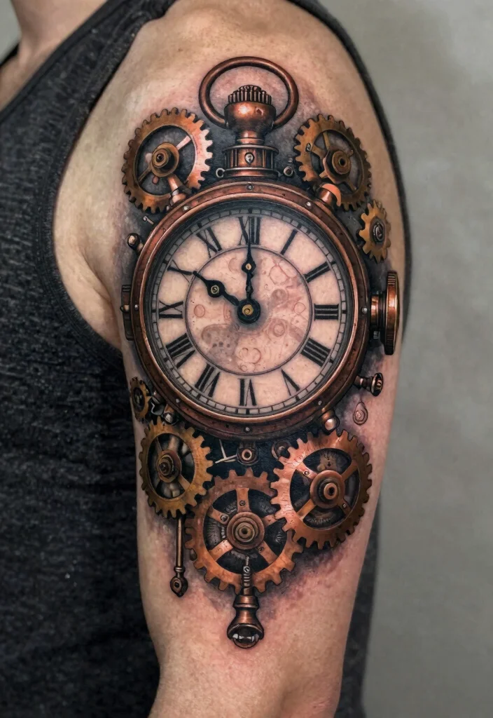 16 Compass and Clock Tattoo Ideas With Time and Direction Themes - 14. Steampunk Clock Design 1