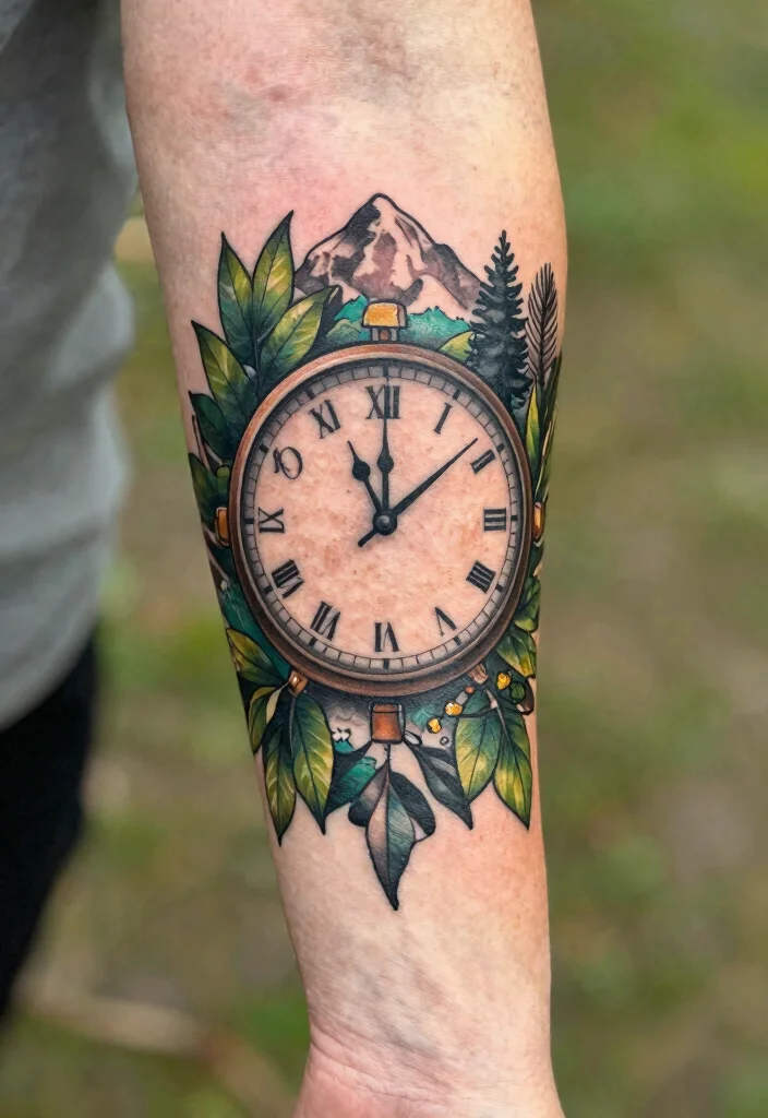 16 Compass and Clock Tattoo Ideas With Time and Direction Themes - 15. Clock with a Nature Motif 1