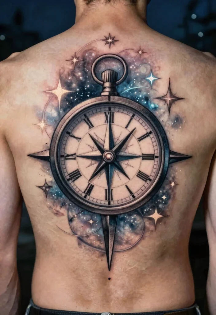 16 Compass and Clock Tattoo Ideas With Time and Direction Themes - 16. Clock and Compass with Stars 1