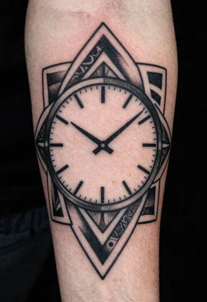 16 Compass and Clock Tattoo Ideas With Time and Direction Themes - 5. Clock with Geometric Patterns 1