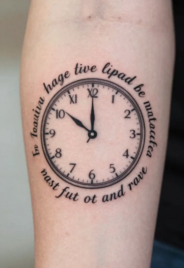 16 Compass and Clock Tattoo Ideas With Time and Direction Themes - 7. Simple Clock with Inspirational Quotes 1