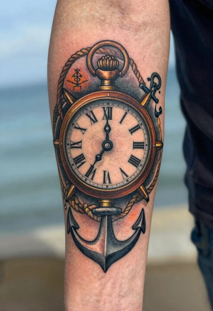 16 Compass and Clock Tattoo Ideas With Time and Direction Themes - 8. Vintage Nautical Clock 1