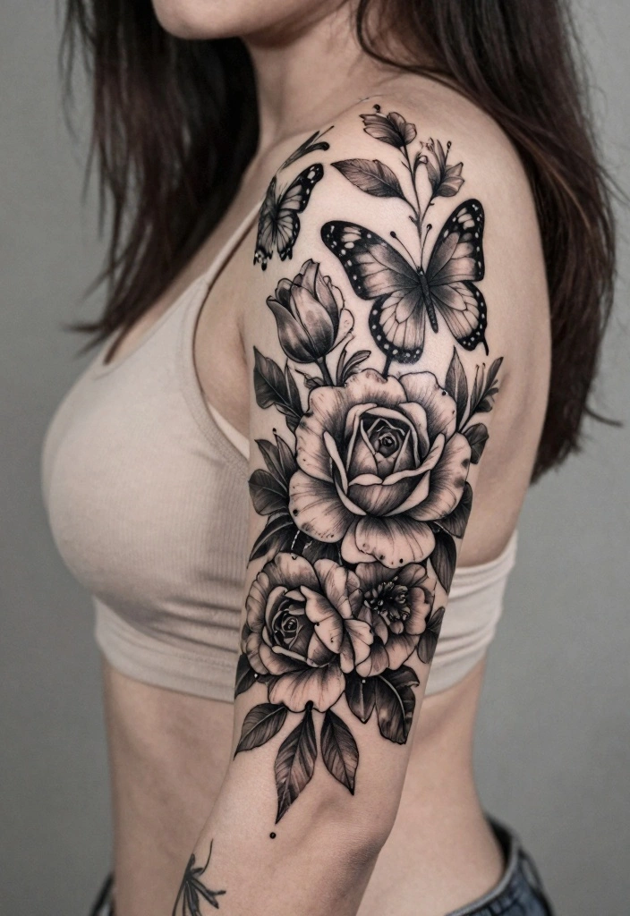 16 Floral and Butterfly Sleeve Tattoo Ideas Flowing and Feminine 2. Black and Gray Floral and Butterfly Sleeve 0