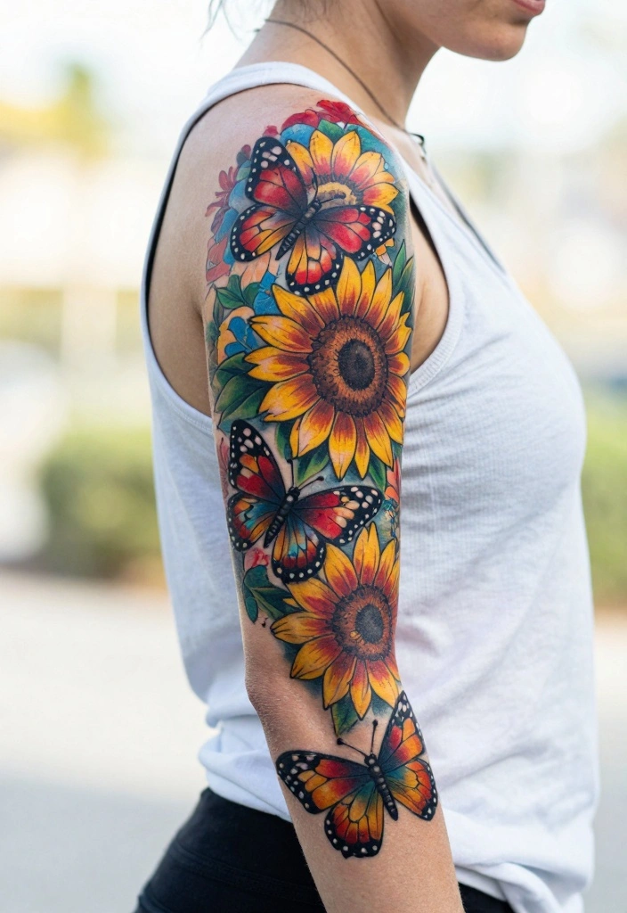 16 Floral and Butterfly Sleeve Tattoo Ideas Flowing and Feminine 3. Vibrant Floral and Butterfly Mix 0