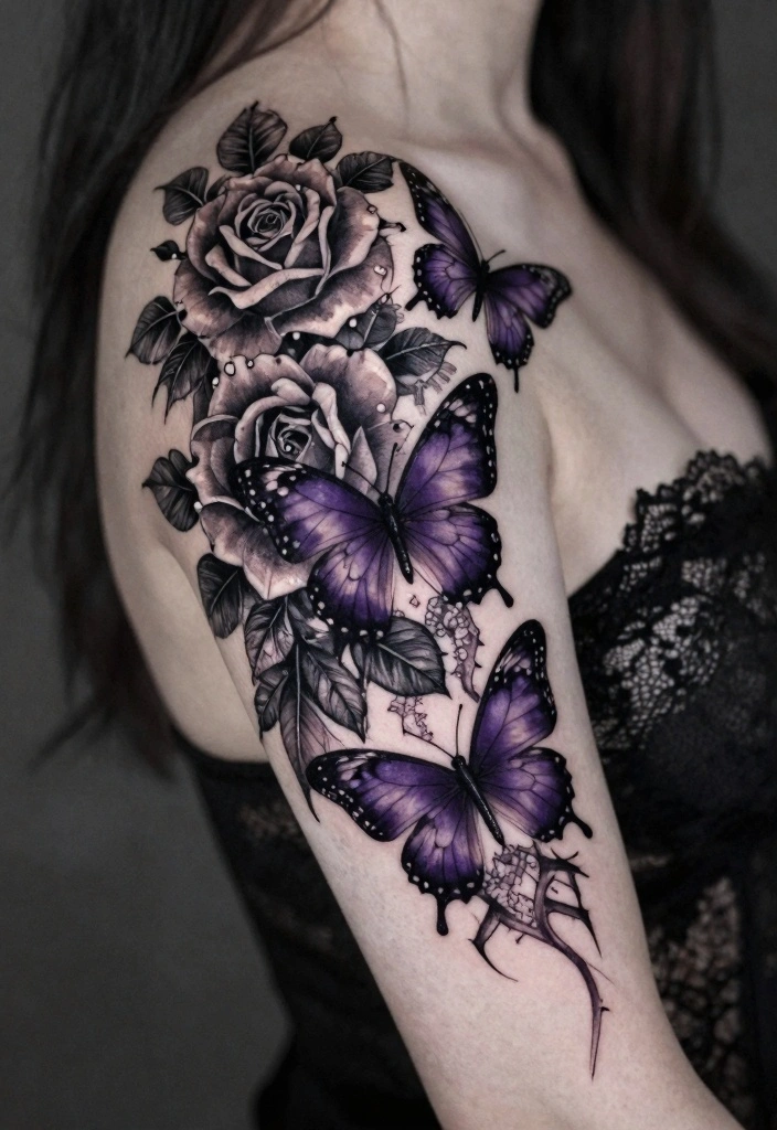 16 Floral and Butterfly Sleeve Tattoo Ideas Flowing and Feminine 9. Gothic Floral and Butterfly Tattoo 0