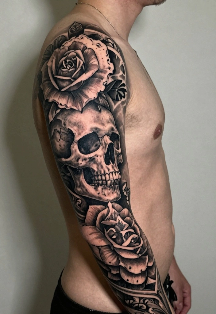 16 Half Sleeve Arm Tattoo Ideas for Men Bold and Detailed 13. Classic Black and Grey 0