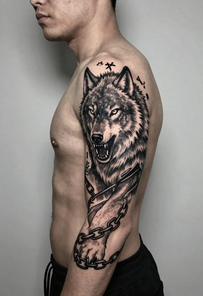 16 Norse Tattoo Ideas for Men: Bold, Mythical, and Masculine 34 16 Norse Tattoo Ideas for Men: Bold, Mythical, and Masculine - 4. Fenrir: The Bound Wolf 1