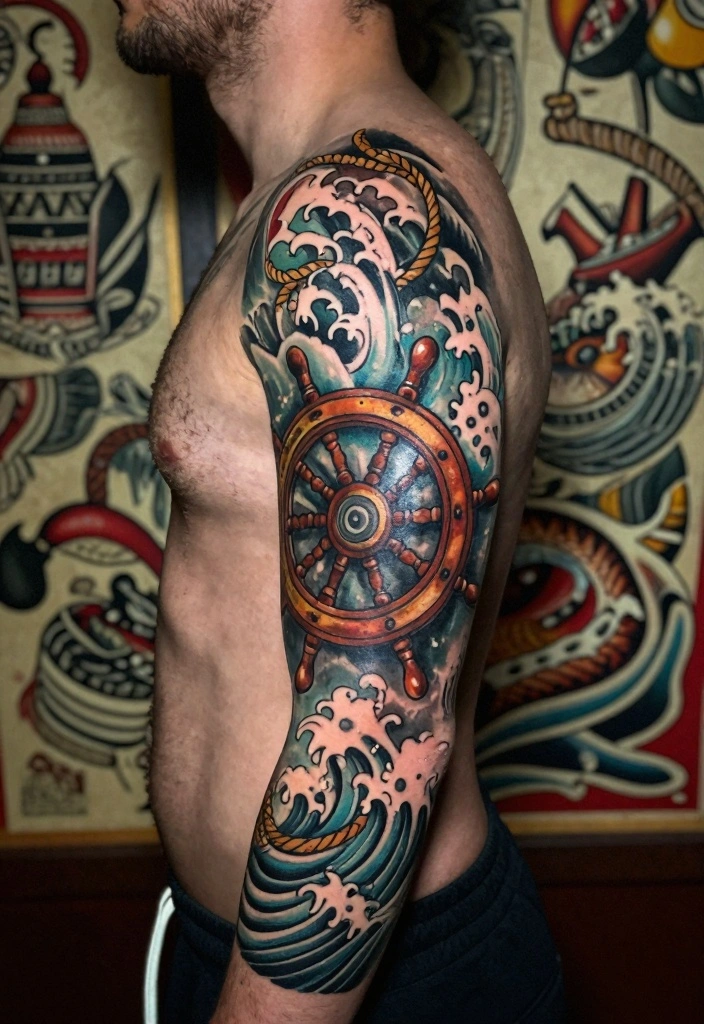 16 Traditional Old School Tattoo Flash Ideas for a Timeless Style 15. The Timeless Nautical Wheel 0